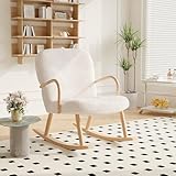 FEEOHOME Kinderzimmerstuhl, Schaukelstuhl mit Armlehnen und Beinen aus Holz, Schaukelstuhl, Freizeitstuhl, Stillsessel für Schlafzimmer, Wohnzimmer, Beige, Samt Teddy