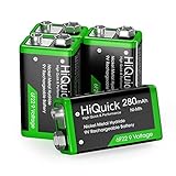 HiQuick 9V Akku, 9V Block Batterien, 280mAh NI-MH Wiederaufladbare Batterie, 1200 Ladezyklen, 4 Stück, für Rauchmelder Multimeter Alarmsystem Walkie Talkie