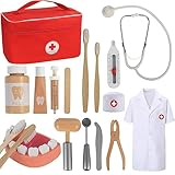 TGTT Arztkoffer Kinder Holz Spielset - Mit echtem Stethoskop, Arztkittel und Doktortasche in Rot, perfekt für Rollenspiele Zahnarzt Spielzeug für Kinder ab 3 Jahren