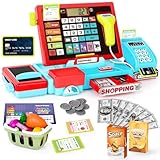 Elektronische kinderkasse mit Scanner & Musik Funktion, 52 kaufladen zubehör rollenspielzeug für Kinder-spielgeld, mikrofon, einkaufskorb, Waage, lernspielzeug für Kinder ab 3 Jahren