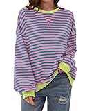Timuspo Pullover Damen Langarmshirt Basic Oversize Gestreift Color Block Pink Sweatshirt Rosa Ohne Kapuze Y2k Herbst Tops Oberteile S
