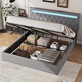 Gegtuon Polsterbett Bett 180x200 mit USB-LED-Licht, Doppelbett mit Hydraulisch Stauraum und Kopfteil, Stauraumbett Funktionsbett mit Rückenlehne & Lattenrost, Schlafzimmer, ohne Matratze, Leinen, Grau