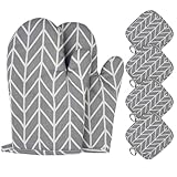 Rseuphiee Hitzebestaendig Ofenhandschuhe, Baumwolle rutschfeste Topfhandschuhe, 1 Paar Ofenhandschuhe und 4 Topflappen, Kochhandschuhe, Waschbare Backofenhandschuhe, für Kochen, Backen, Grillen