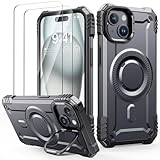 Lanhiem für iPhone 15 Hülle mit 2 Stück Panzer Glas Kompatibel mit MagSafe, Kamera Ständer Magnetisch Handyhülle für iPhone 15 Schutzhülle Stoßfest Militärschutz Case, Grau