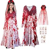 Halloween Kleidung mit Blutigem Aufdruck,Zombie Braut Kostüm Damen Outfit mit Blumenkranz,Kostüm Damen Zombie Horror,Gruselig Blutige Zombie Braut Kostüm,Zombie Kostüm Damen für Halloween Karneval