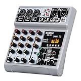 BOMGE Audio Mixer, Sound Board Mischkonsole mit 5 Kanal Digital USB Bluetooth Echo Delay Effekt, 48V Phantomspeisung Stereo DJ Mixer für Aufnahme, Live Streaming, Podcasting