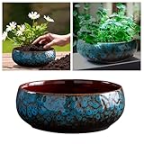 Pflanzschale für draußen - Vintage Dekoschale aus Keramik als Blumentopf Pflanztopf, Lotus Schale als Garten Vogeltränke Balkon-Deko oder Friedhof Grabschale 17X7 cm (Blau)