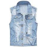 Icegrey Herren Jeans Weste aus Baumwolle, Lässige Zerrissene Denim Weste, Ärmellos Jacke Denim Vest, Männer Motorrad Weste für Männer, XL, Hellblau
