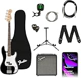Squier by Fender Affinity Series Precision, Elektrische Bassgitarre, Set mit einer Bassgitarre mit Ahorn-Griffbrett, Schwarz, einer Gitarrentasche und einem 15W Bassverstärker