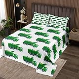 Homewish Müllwagen Bettdecke 240Bx260L für Kinder Jungen Mädchen,BAU LKW Quilt Bettwäsche Set für Jungen Zimmer Dekor,Grünes Weißes Fahrzeug Auto Quilts Sets Cartoon Trucks Coverlet Set