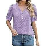 duxyoz Damen-Top, kurzärmelig, V-Ausschnitt, Knopf, lässig, locker, Sommer-Top, elegante Bluse, einfarbig, lockere Passform, Tunika-T-Shirt, einfarbig, Arbeitsoberteile, Ausgehen, Tops für den Alltag