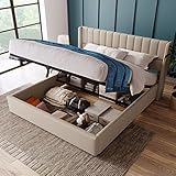 Kelodan Stauraumbett Doppelbett 160x200cm Polsterbett Hydraulisch, Lattenrost aus Holz Metallrahmen, Leinen, Beige