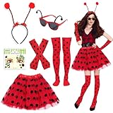 Xerteam Lady Bug Kostüm Mädchen, Marienkäfer Feenflügel Kostüm Zubehör Set, Rote Tutu (40cm) Bug Sonnenbrille Stirnband Bein Warmer Fingerlose Handschuhe Gesicht Aufkleber für Halloween Karneval Party