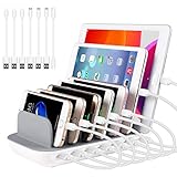 PRITEK USB Ladestation 60W/12A 7 Anschlüsse Desktop Ladestation für Mehrere Geräte mit 6 Ai USB Anschlüssen + 1 USB-C Anschluss mit 7pcs Kurz USB-Kabel (weiß)