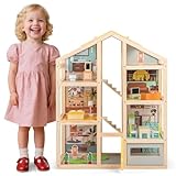FANTASK Puppenhaus Holz, Bunt Puppenstube mit komplettem Möbeln & Zubehör, 3 Etagen DIY-Dollhouse mit Garage & öffnbarer Tür, für Mädchen & Jungen ab 2 Jahren
