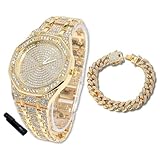 Halukakah Diamanten-Gold-Uhr Iced Out für Jungen - 18K Echtgold Platiniert,41mm Achteck Zifferblatt,Japanisches Quarzwerk - 19cm Länge,mit 18cm Cuban-Kette & Anpassungswerkzeug -für Geburtstage,Partys