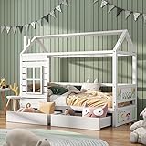HESHU Massivholz Hausbett 200x90, Kinderbett mit Rausfallschutz, Kinder Bett inklusive Schubladen/Fenster/Lattenrost, für Jungen & Mädchen, Weiß