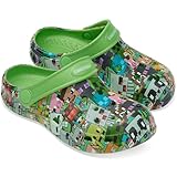 Minecraft Hausschuhe Clogs Kinder Junge mit oder ohne Schuh Charms Fersenriemen Kinderhausschuhe für Garten Strand Freizeit (Grün ohne Charms, 34/35 EU)