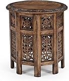 iAnanas Handgeschnitzter runder Beistelltisch mit orientalischer Mangoholz rustikaler Vintage Look ideal als Dekoration Nachttisch Wohnzimmer stabil & langlebig künstlerische Schnitzmuster 45x45x45cm