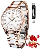 OLEVS Automatikuhr für Damen, selbstaufziehend, Diamant-Armbanduhr, luxuriöses Kleid, Roségold, Keramikuhr für Frauen, Liebe, Herz, Datum, 6637: Weiß, Armband
