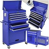 tectake Werkstattwagen Trolley mit Kofferaufsatz, Werkzeug Wagen abschließbar, 10 Fächer, Mobile Werkbank ohne Werkzeug, aus Stahl, Rollen mit Bremsen, Werkzeugwagen leer, Werkzeugschrank - blau