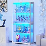BROTTAR Vitrine mit LED Beleuchtung und Glastüren, Pop-up-Design, Vitrinenschrank mit Intelligente Sensorik, 4-Lagen Glasvitrine Weiß für Wohnzimmer Schlafzimmer Büro Sammlervitrine, Weiß