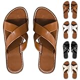 Flache Damen-Sandalen mit überkreuzten Riemen, trendig, offener Zehenbereich, Schlupfsandalen, Leder, atmungsaktiv, leicht, bequem, für Sommer, Wandern, Strandurlaub, braun, 39.5 EU