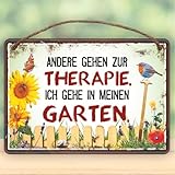 Metallschild rostfrei Blechschild mit Kordel zum Anhängen - Andere gehen zur Therapie, ich gehe in meinen Garten - Gartenschild Schild Türschild mit lustigem Spruch im Vintage Retro Look