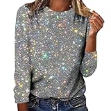Damen-Tunika, langärmelig, glitzernd, Pailletten, lässig, elegant, Rundhalsausschnitt, glitzernd, lockere Tunika, 2025, für Urlaub, Weihnachten, Neujahr, Party, Nachtclub, Cocktailbluse, silber, L