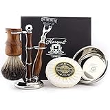 Haryali London Rasierset – 5-teiliges Rasierset aus Holz – Rasierer mit 3 Klingen – Dachshaarpinsel – Rasierseife – Rasierschale – Rasierständer – Geschenk-Rasierset, Holz