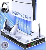 GAMSINGY PS5 Slim Ständer mit PS5 Lüfter, PS5 Standfuß für PS5/PS5 Slim Disc/Digital Edition, PS5 Zubehör PS5 Headset Halterung/PS5 Controller Ladestation/PS5 Fernbedienung Solt/3 USB Hub