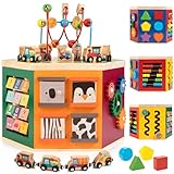 WOODMAM Motorikwürfel Nutztiere Aktivitätswürfel aus Holz Lernspielzeug für Kleinkinder Baby 9-in-1 Montessori Spielzeug mit Stapel- und Sortierbrett für Kleinkinder ab 18 Monaten