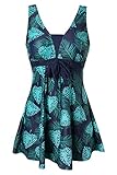 Ecupper Badeanzug Damen Elegant Einteiliger Badeanzug Mit Brustpolster Badeanzugkleid Baderock Dunkelgrüne Blätter 2XL