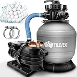 tillvex® Sandfilteranlage Pool 13.200L/h bis 40.000L + 1200g Filterbälle | Filteranlage 7-Wege Ventil & 2in1 Adapter Ø32-38mm | Poolfilter Selbstansaugend | Sandfilter Schwimmbecken (Grau)