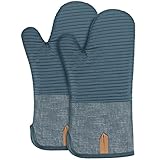 BONTHEE Ofenhandschuhe Topfhandschuhe Extra Lang Baumwolle kochhandschuhe mit Anti-Rutsch Silikon Gestreift backhandschuhe für Kochen Backen Grillen - 2er Set - Blau