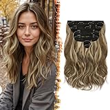 BARSDAR Clip in Haarverlängerung, 30cm Kurzes Welliges Hair Extensions Highlight Für Damen 6PCs Voller Kopf Dickes Synthetisches Clip in Haarteil - Mittel Braun & Blond