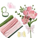 Rosa Pfeifenputzer zum Basteln 400 Stück Pfeifenreiniger Blumen Set 4 Farben Pfeifenputzer mit Bastelfaden,Geschenkband,Klebeband, Blumen Staubblatt für Blumenstrauß DIY Dekorationen und Anweisungen