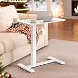 VASAGLE Beistelltisch mit Rollen, mobiler Stehtisch, 70 x 40 cm große Tischplatte, verstellbare Höhe, 2 Getränkehalter, Schlitz für Handy oder Tablet, wolkenweiß LSD600W01