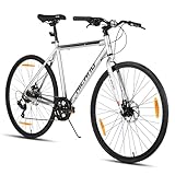 HILAND 700C Rennrad Herren und Damen, Aluminiumrahmen, 7 Gang Rennrad mit Doppelscheibenbremsen, Rahmenhöhe 570mm, 28 Zoll Straßenfahrrad für Pendler, Silber