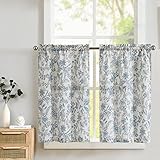 TOPICK Leinen Scheibengardinen Blumen Küchengardinen 2er-Set H60xB65(cm) Landhausstil Modern Gardinen Vorhänge Kurz Bistrogardine für Wohnzimmer Badezimmer Fenster Kurzstores Blau auf Beige