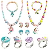 VEGCOO Kinderschmuck, 2 Stück Kinderkette Mädchen 2 Stück Armband Mädchen 4 Stück Ringe 2 Paar Ohrringe Für Mädchen Bunt Und Niedlich Mädchen Schmuck Für Geburtstags
