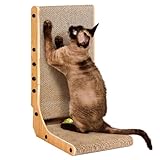 EHEYCIGA Kratzbrett Katze, 48 cm Hohe L Förmige Kratzpappe für Katzen, Hochdichtes Verschleißfestes Kratzmöbel mit Katzenspielzeug, Katzenkratzbrett für Wand und Ecke