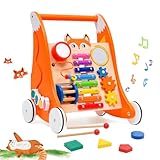 Lauflernwagen Holz für Kleinkinder, Multifunktionale Lauflernhilfe mit Spielbrett und Musik, Lauflernhilfe Spaß Babys, Baby Lauflernhilfe mit Holzspielzeug Activity Center, Laufen Lernen für Kinder