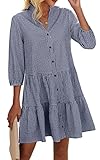 Toplop Sommerkleid Damen Knielang 3/4 Arm: Mode Shirtkleid Elegant Hemdkleid Blusenkleid Frühling Midikleid Casual Damenkleider V-Ausschnitt Kariert Einfarbig Knopfleiste Marineblau M