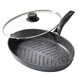 STONELINE XXL Pfanne Oval Fischpfanne Schnitzelpfanne 35 x 24 cm, Aluguss Pfanne mit Deckel Induktion geeignet, Grillpfanne Universalpfanne Große Pfanne beschichtet mit echten Steinpartikeln