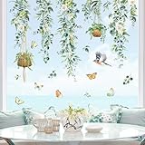 decalmile Fensteraufkleber Hängende Rebe Grün Fensterbilder Frühling Sommer Fenster Abziehbilder Vögel Blätter Pflanzen Vögel Anti-Kollision Fenstersticker Glas Fensterdeko Aufkleber