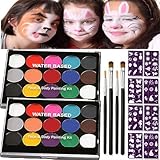 2 Stück Halloween Kinderschminke Set, Face Paint Body Paint für Kinder und Erwachsene mit 15 Farben Schminkpalette, 2 Berufs Pinsel, 40 Tattoo-Vorlagen