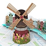 MOKIO® Pop-Up Karte – Windmühle, Tulpen und Grachten in Amsterdam – 3D Geburtstagskarte für einen Holland Urlaub, Amsterdam Grußkarte zum Geburtstag