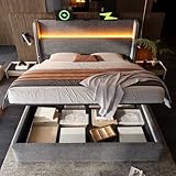 Mewkew Polsterbett Doppelbett 180x200 cm mit Stauraum, Hydraulische LED USB Bett, Funktionsbett Bettgestell mit Lattenrost, Jugendbett Erwachsenenbett,Grau, ohne Matratze