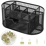 Lvjkes Netz Schreibtisch Organizer, Multifunktionaler Schreibtisch-organizer mit 9 Fächer und Büroklammer 4-in-1-Set, Voluminös für Grundschulkinder, Studenten oder Büroangestellte (Metall Schwarz)